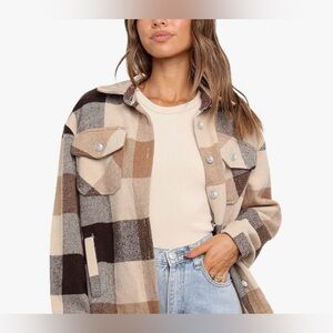 Women's Plaid Wool Blend Utility Jacket/Shacket Brown and Cream NWOT